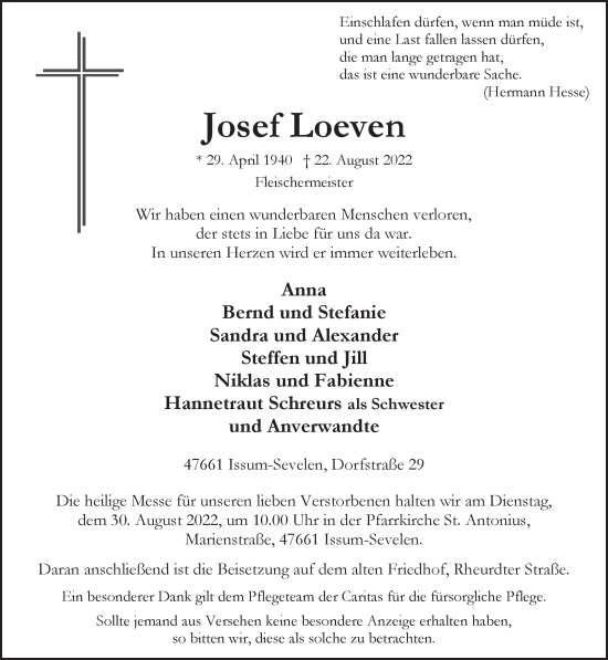 Traueranzeige von Josef Loeven 