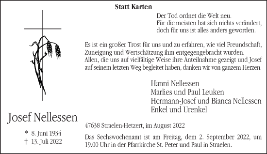 Traueranzeige von Josef Nellessen 