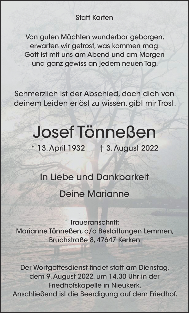  Traueranzeige für Josef Tönneßen vom 06.08.2022 aus 