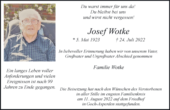 Traueranzeige von Josef Wotke 