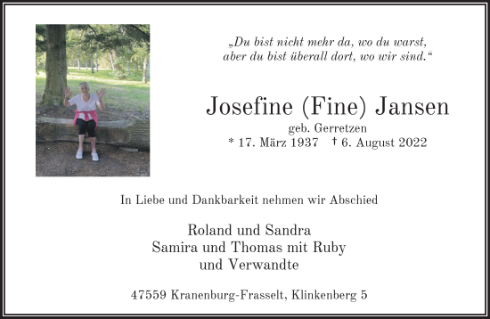 Traueranzeige von Josefine Jansen 