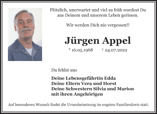 Traueranzeige von Jürgen Appel 