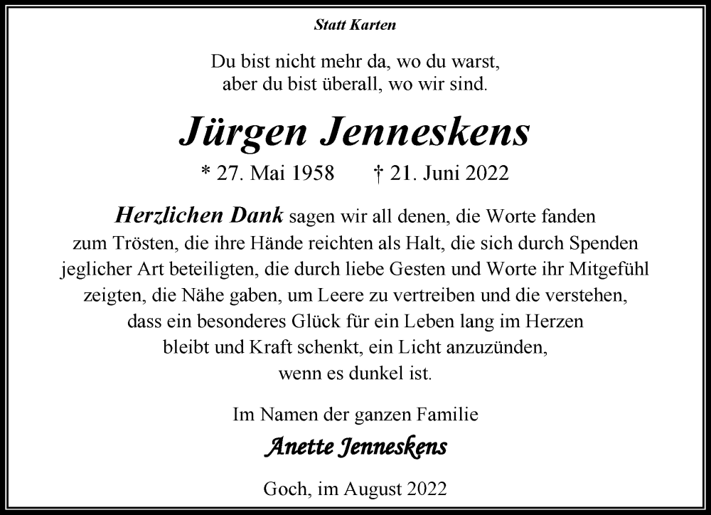  Traueranzeige für Jürgen Jenneskens vom 13.08.2022 aus 