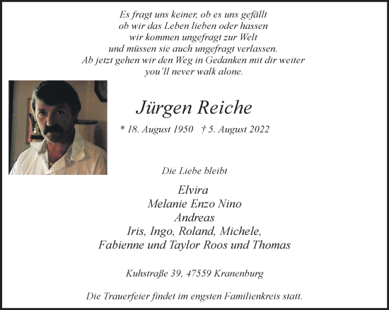 Traueranzeige von Jürgen Reiche 