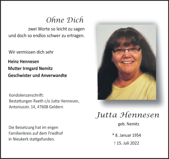Traueranzeige von Jutta Hennesen 