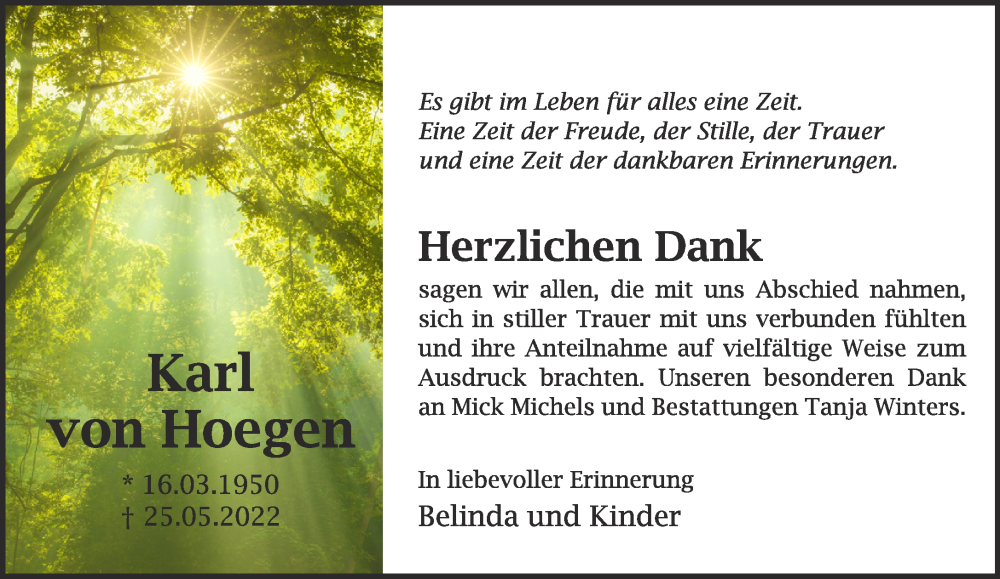  Traueranzeige für Karl von Hoegen vom 20.08.2022 aus 