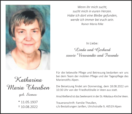 Traueranzeige von Katharina Maria Theußen 