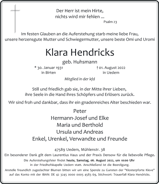 Traueranzeige von Klara Hendricks 