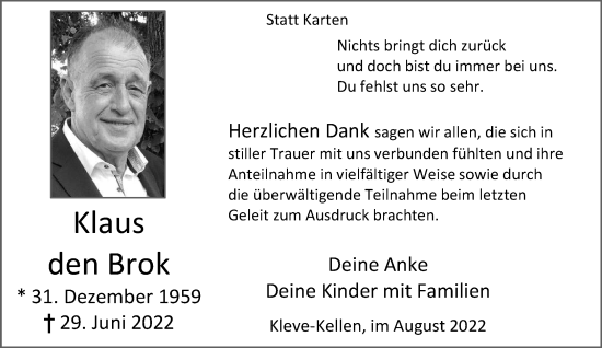 Traueranzeige von Klaus den Brok 