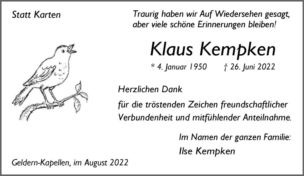  Traueranzeige für Klaus Kempken vom 06.08.2022 aus 
