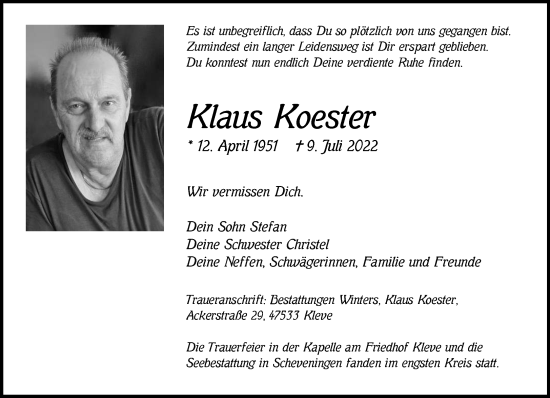 Traueranzeige von Klaus Koester 