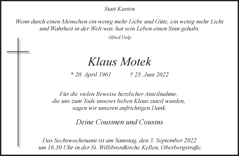  Traueranzeige für Klaus Motek vom 27.08.2022 aus 