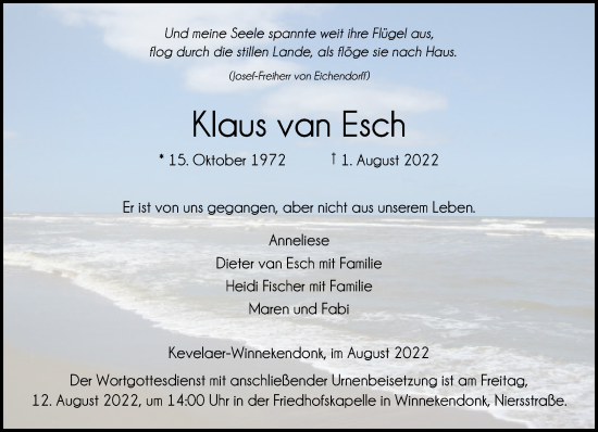 Traueranzeige von Klaus van Esch 