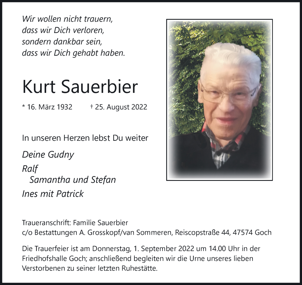  Traueranzeige für Kurt Sauerbier vom 27.08.2022 aus 