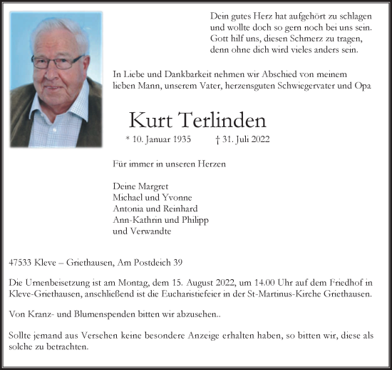 Traueranzeige von Kurt Terlinden 