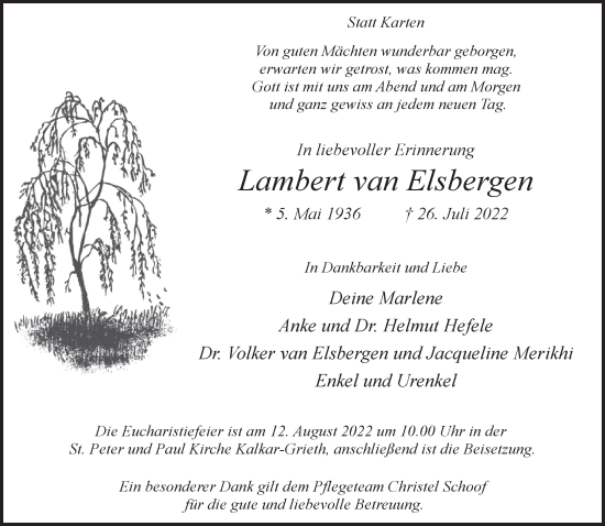 Traueranzeige von Lambert van Elsbergen 