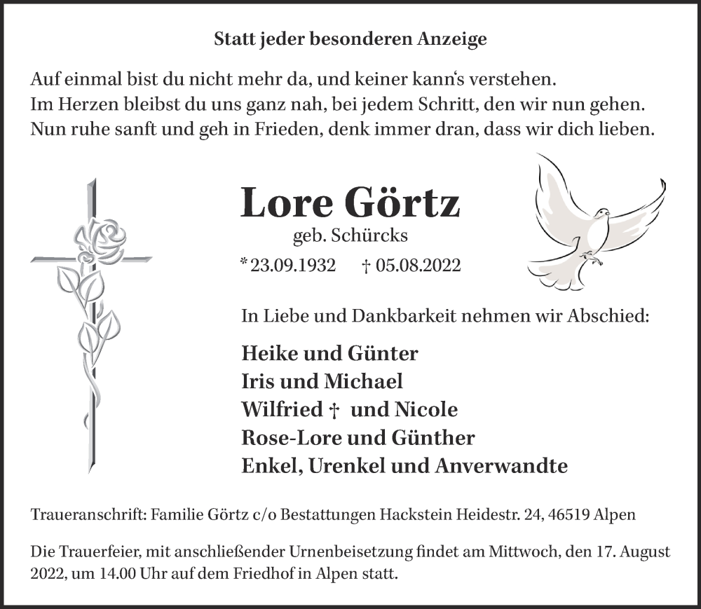  Traueranzeige für Lore Görtz vom 10.08.2022 aus 