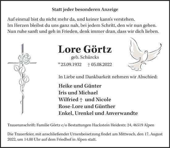 Traueranzeige von Lore Görtz 