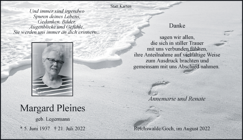  Traueranzeige für Margard Pleines vom 27.08.2022 aus 