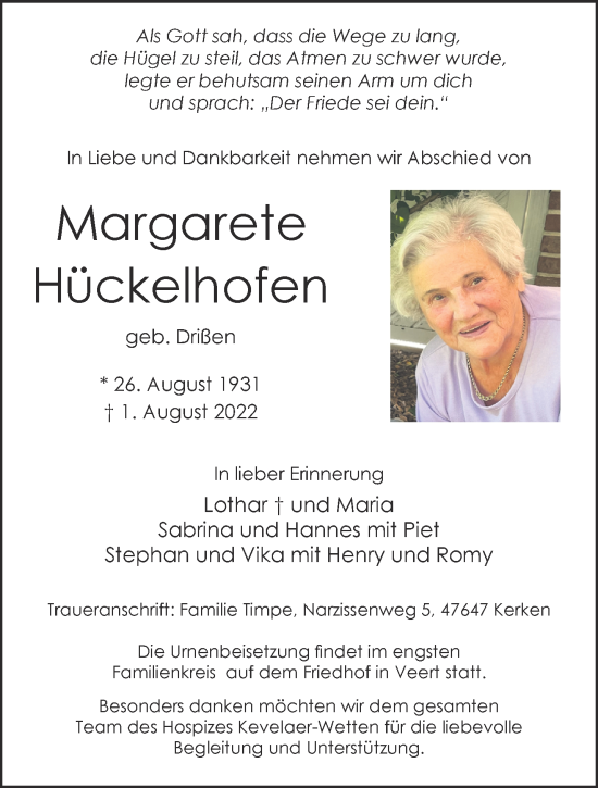 Traueranzeige von Margarete Hückelhofen 