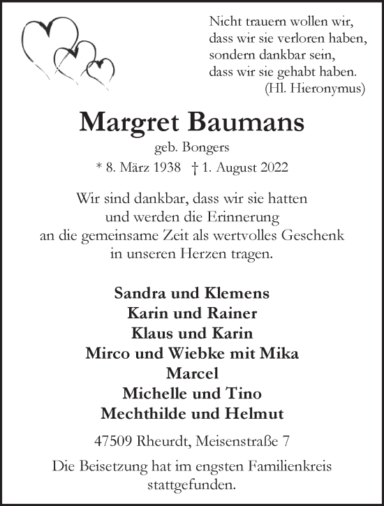 Traueranzeige von Margret Baumans 