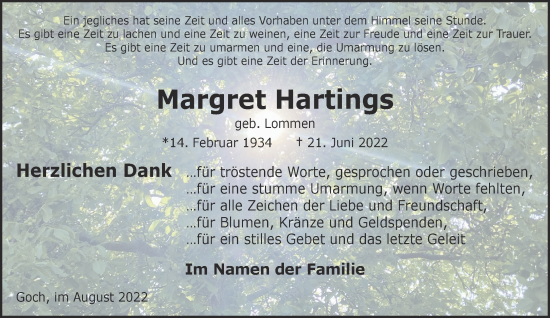 Traueranzeige von Margret Hartings 