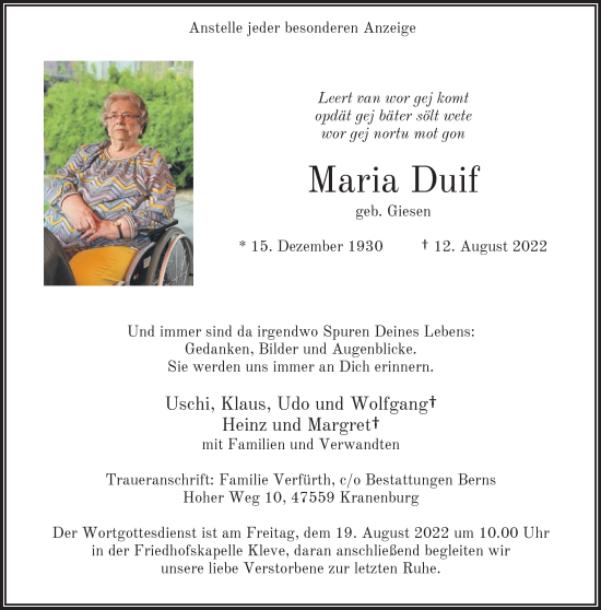 Traueranzeige von Maria Duif 