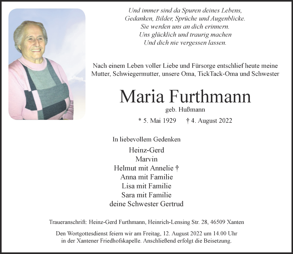  Traueranzeige für Maria Furthmann vom 10.08.2022 aus 