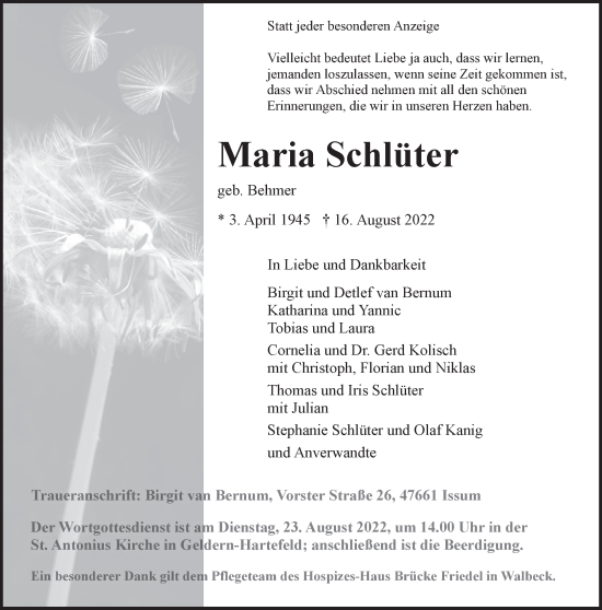 Traueranzeige von Maria Schlüter 