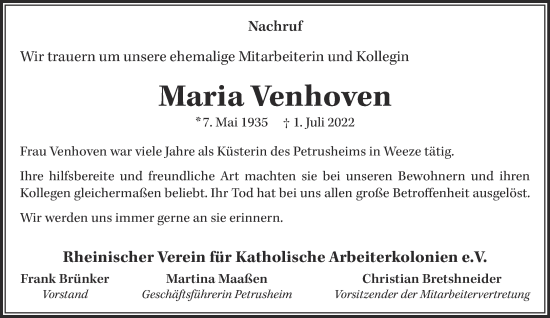 Traueranzeige von Maria Venhoven 