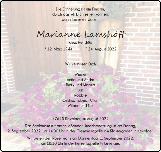 Traueranzeige von Marianne Lamshöft 