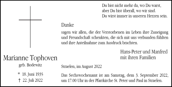 Traueranzeige von Marianne Tophoven 