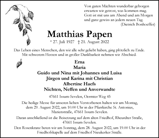 Traueranzeige von Matthias Papen 