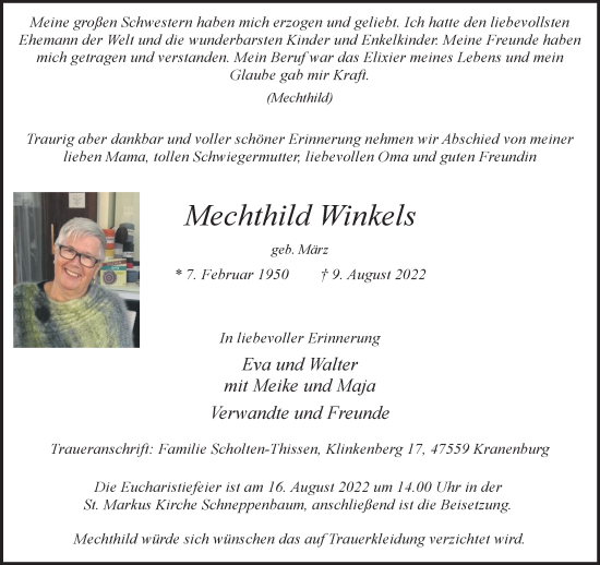 Traueranzeige von Mechthild Winkels 