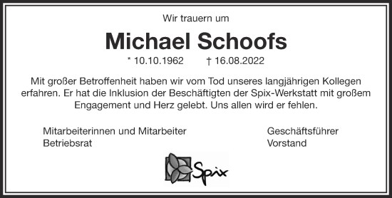 Traueranzeige von Michael Schoofs 