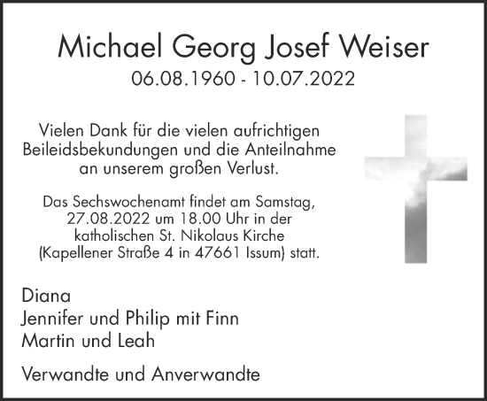 Traueranzeige von Michael Georg Josef Weiser 