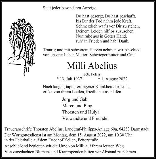 Traueranzeige von Milli Abelius 