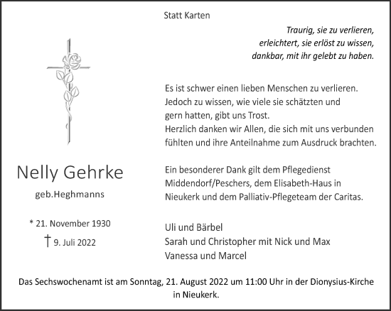 Traueranzeige von Nelly Gehrke 