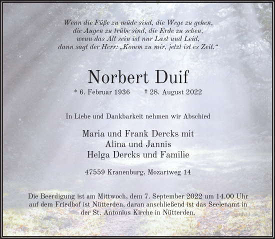 Traueranzeige von Norbert Duif 