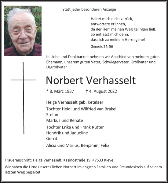 Traueranzeige von Norbert Verhasselt 