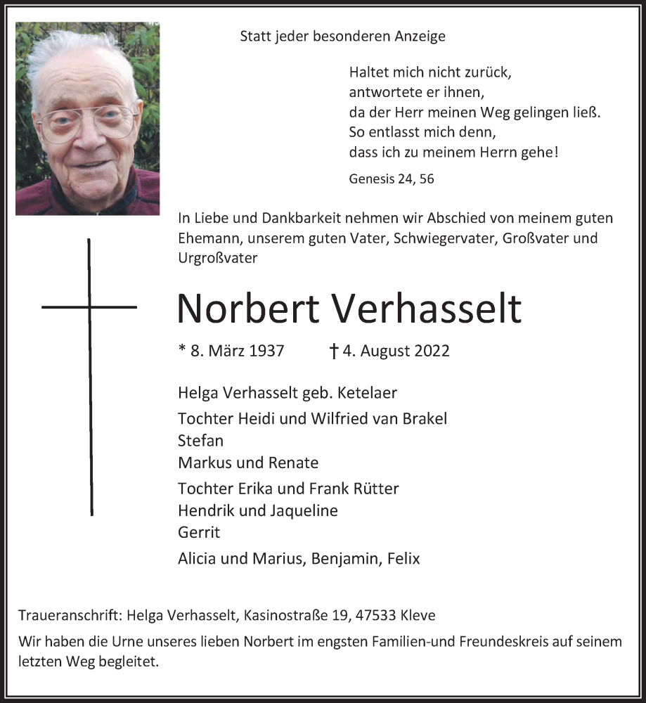  Traueranzeige für Norbert Verhasselt vom 27.08.2022 aus 
