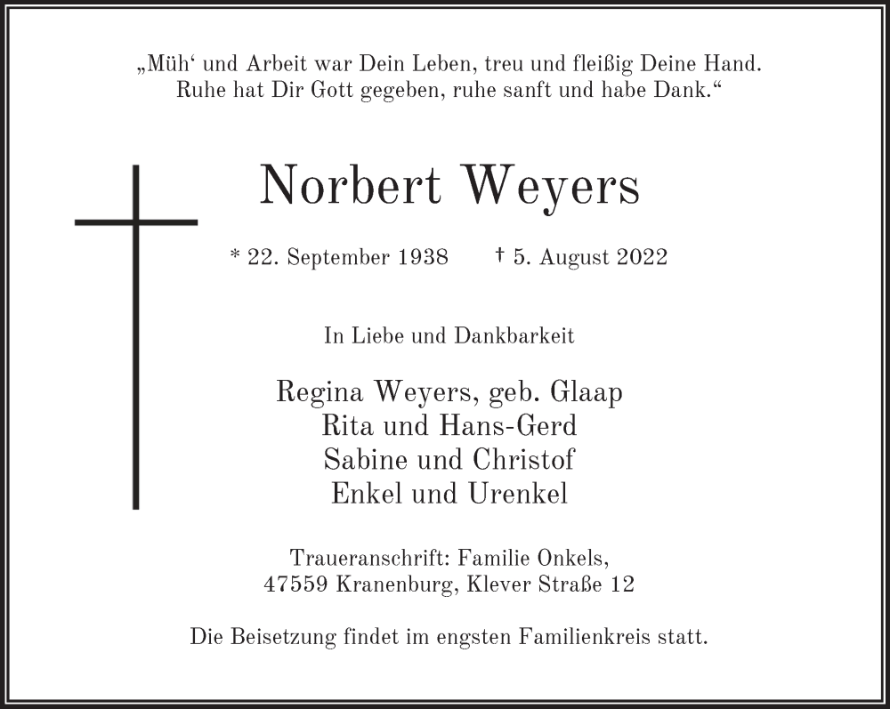  Traueranzeige für Norbert Weyers vom 13.08.2022 aus 