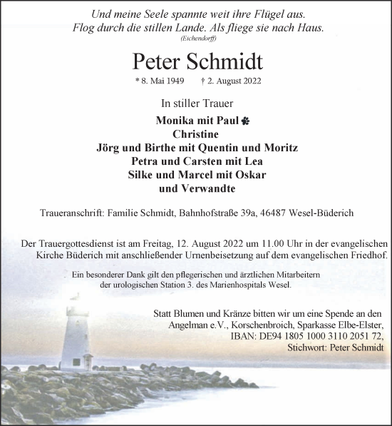 Traueranzeige von Peter Schmidt 