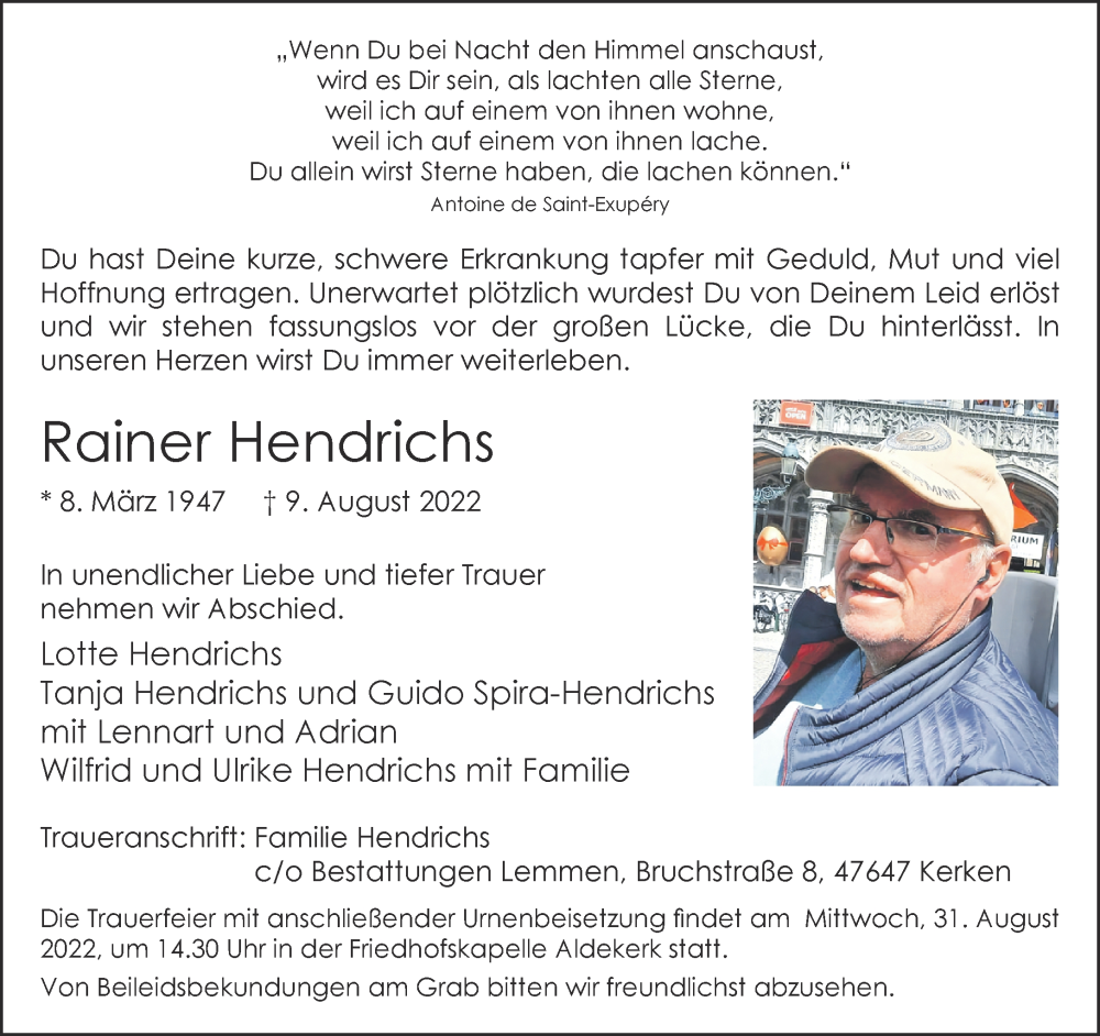  Traueranzeige für Rainer Hendrichs vom 17.08.2022 aus 