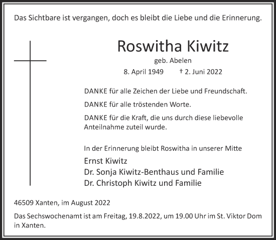 Traueranzeige von Roswitha Kiwitz 