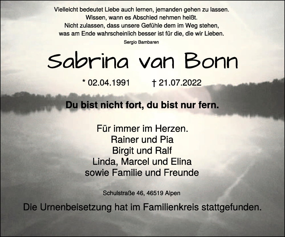  Traueranzeige für Sabrina van Bonn vom 10.08.2022 aus 