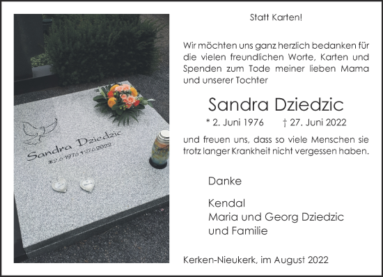 Traueranzeige von Sandra Dziedzic 