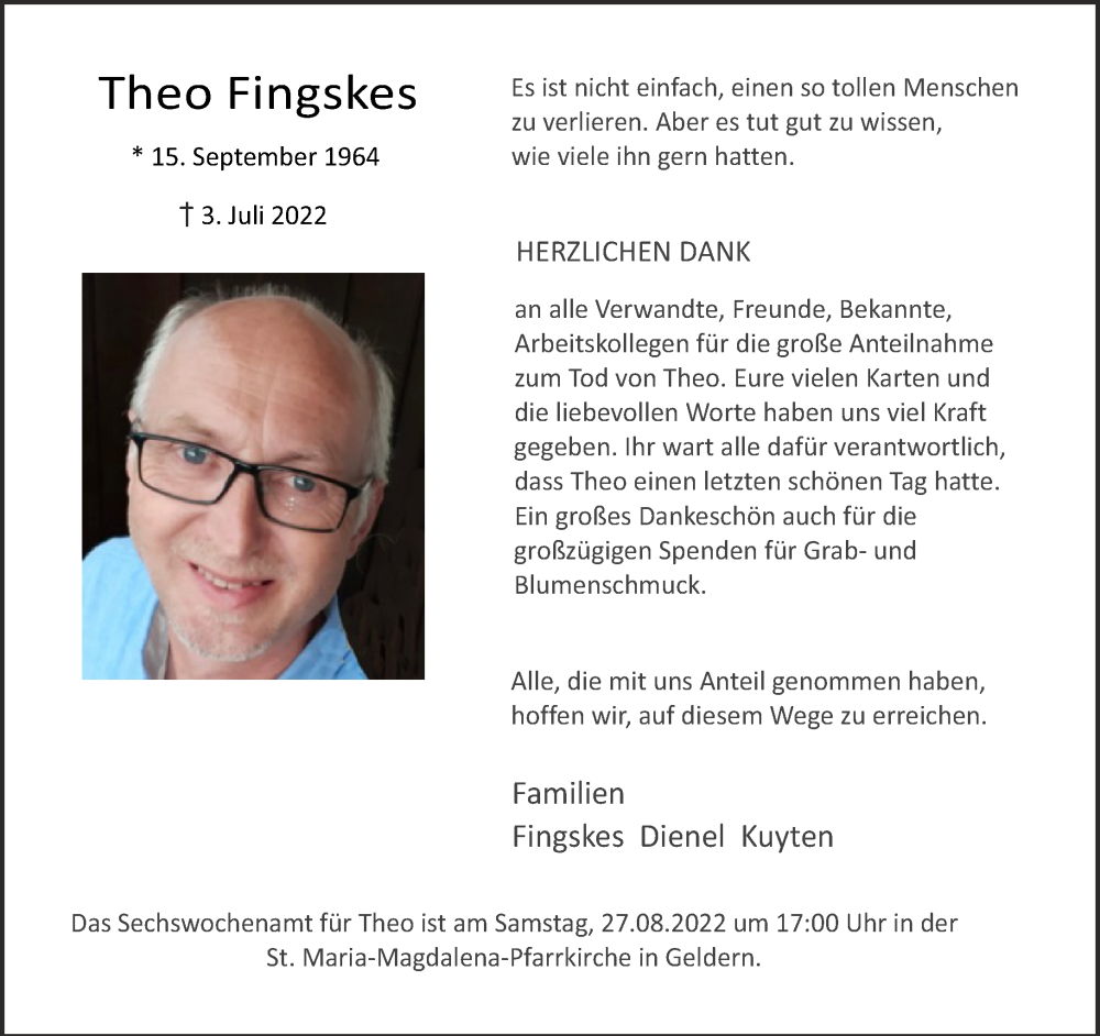  Traueranzeige für Theo Fingskes vom 20.08.2022 aus 