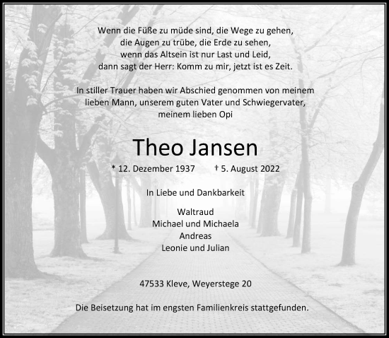 Traueranzeige von Theo Jansen 