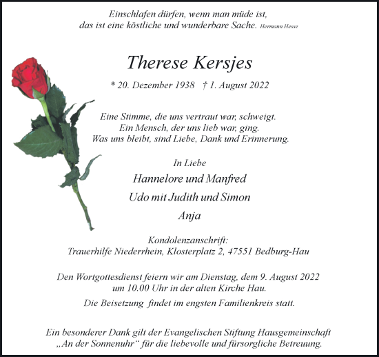 Traueranzeige von Therese Kersjes 